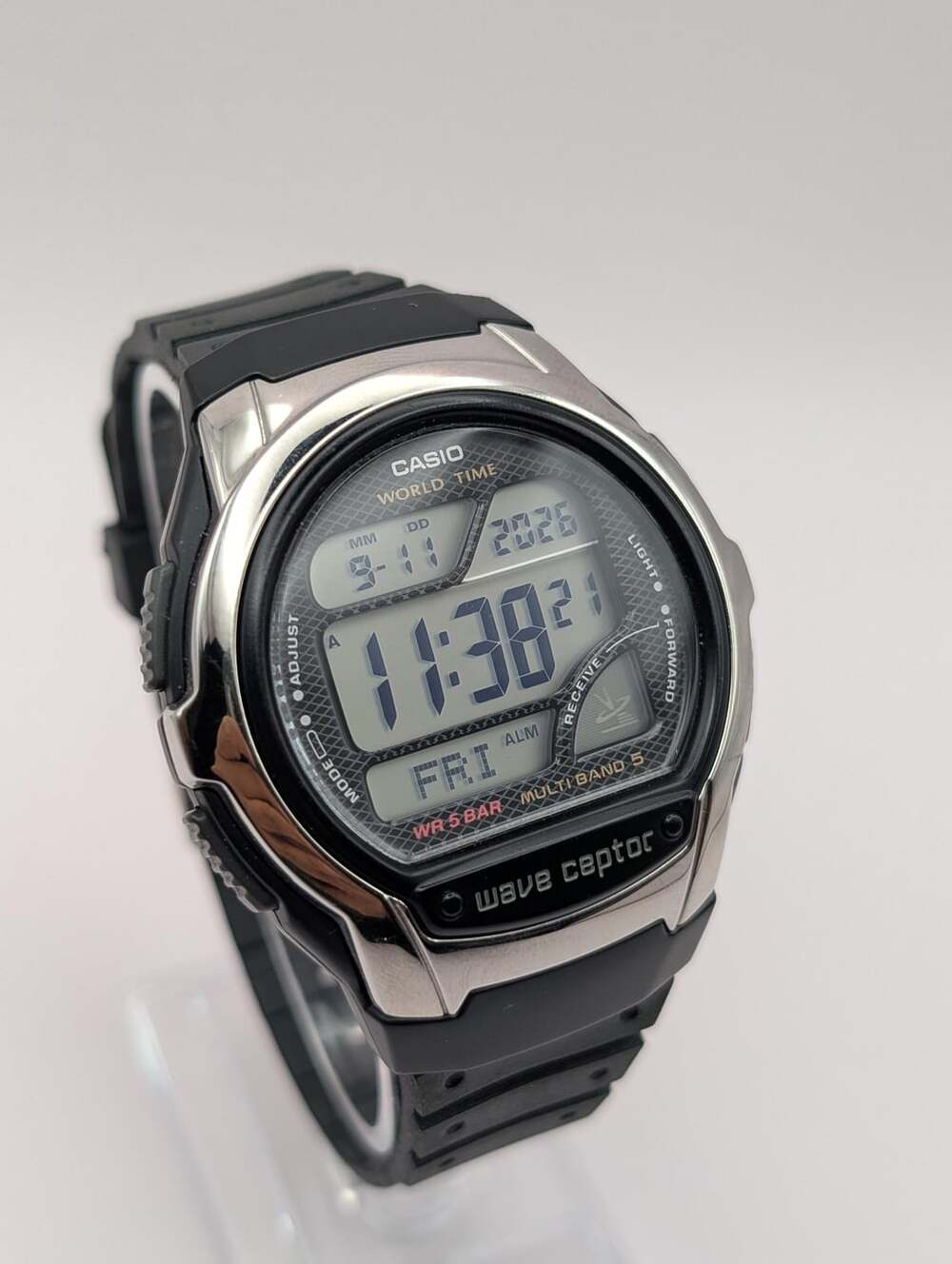 Vintage Casio Wave Ceptor Digital Watch, Black Resin Strap World Time